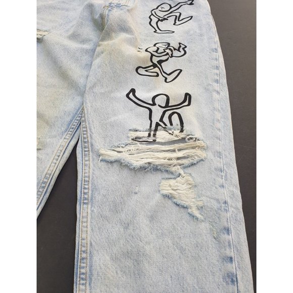 Zara Destroyed Graffitti Jeans 32 x 24 Loose Crop Unisex? Mens Womens - Picture 3 of 12